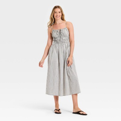 Black/White Check Smocked Midi Dress