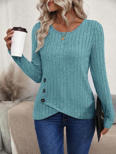 Women's Solid Color Round Neck Long Sleeve Ribbed Asymmetric Hem Casual T-Shirt