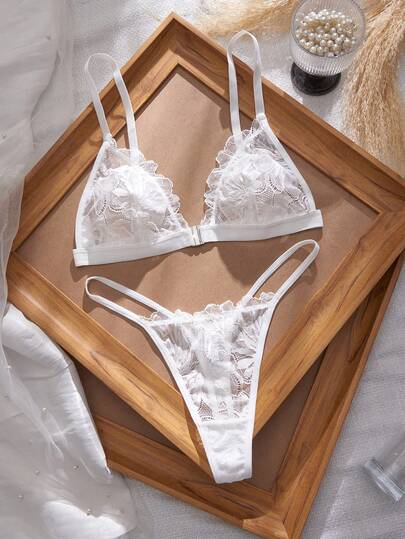 2pcs Sexy Lace Patchwork Front Closure Women Lingerie Set