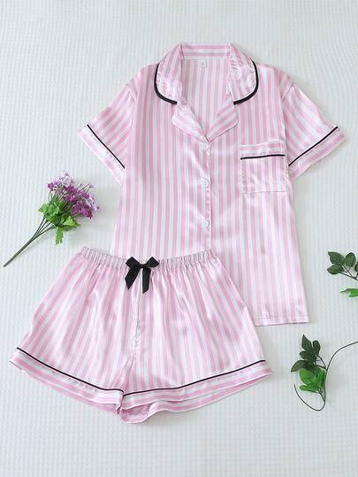 2pcs Satin Trim Collar Short Sleeve Top And Bow Tie Striped Shorts Pajama Set For Women