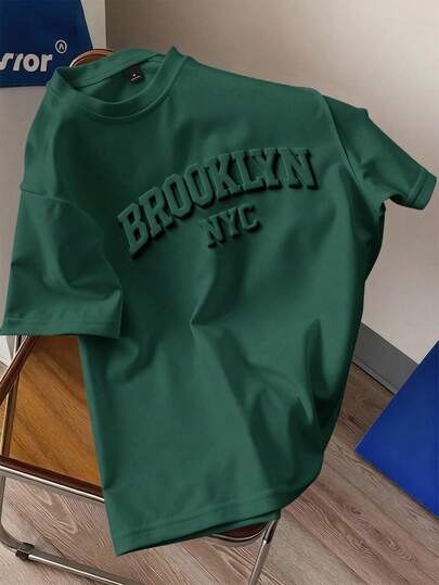 Joysei Olive Green Letter Embossed Short Sleeve T-Shirt