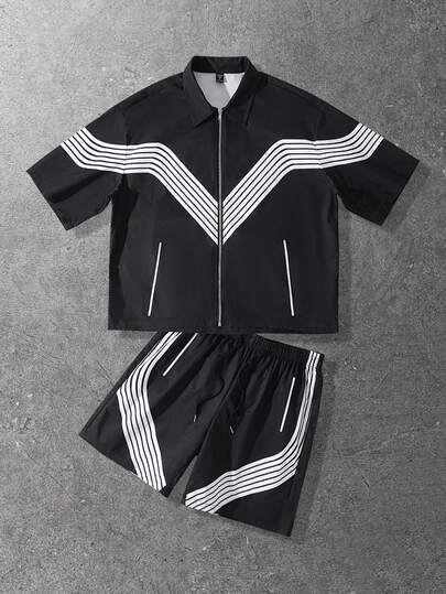 Street Life Men's Casual Loose Contrast Stripe Shirt And Shorts Set