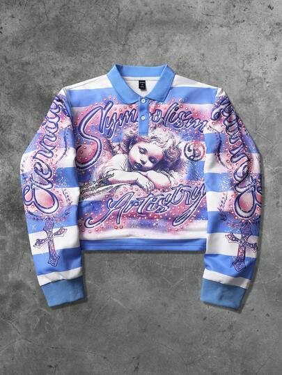 Street Life Spring Casual Graphic Men Streetwear Stripe Angel Printed Quarter Button Pullover Sweatshirt