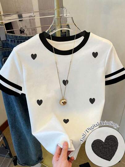 Women's Heart Love Print Graphic Loose Casual Contrast Block Color Strip Round Neck T-Shirt