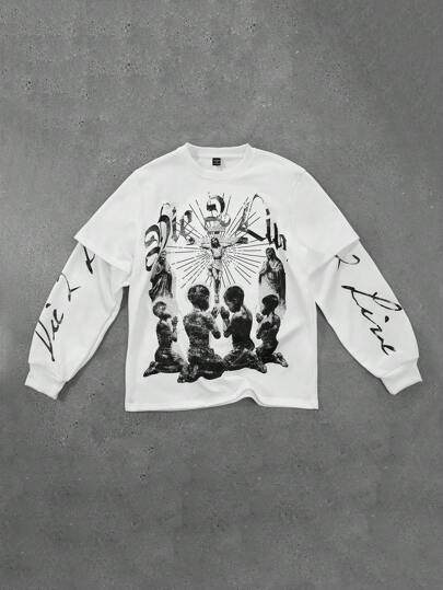 Manfinity Streetrush Men's Casual Loose Fit Letter & Figure Graphic Print Crewneck Long Sleeve Sweatshirt