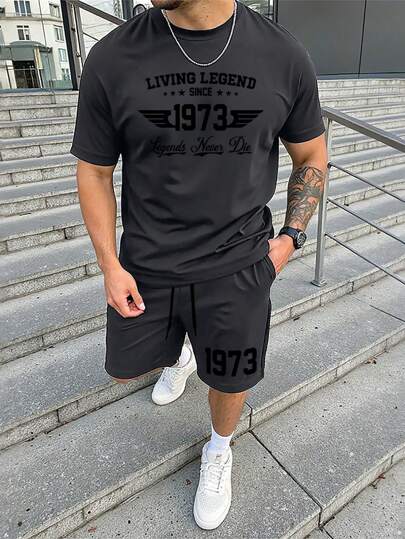 Men's Letter Print Round Neck Short Sleeve Casual T-Shirt And Drawstring Waist Shorts Set