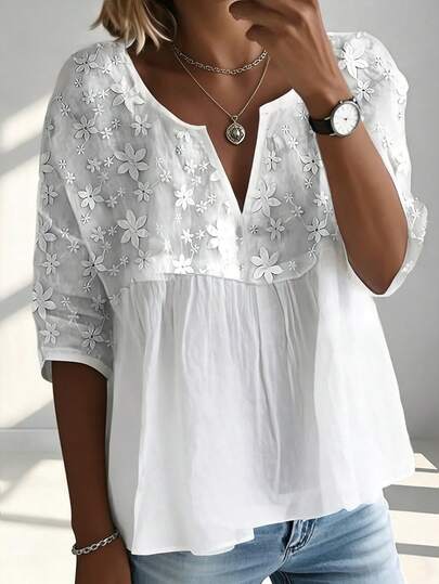 Plus Size Solid Color V-Neck Mid-Sleeve Shirt With 3D Floral Decor