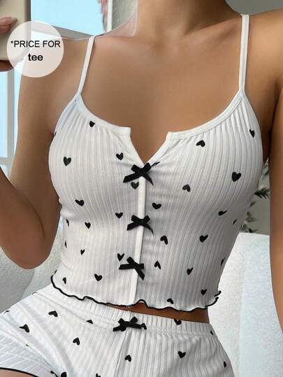 Heart Print Lettuce Trim Bow Front Cami Pajama Sleep Top