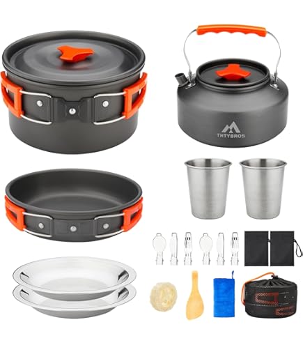 THTYBROS 17pcs Camping Cookware Kit, 0.45Gal Pot, 7inches Pan,0.30Gal Kettle Set with 2 Set Stainless Steel Cups Plates Forks Knives Spoons for Hiking,Camping,Backpacking,Outdoor Cooking and Picnic : Sports &amp; Outdoors